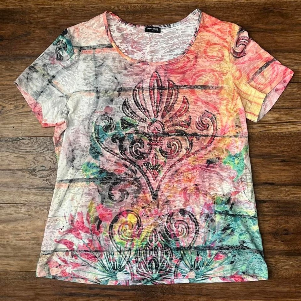 Gerry Weber‎ Burnout Tee Abstract Floral Y2K Rhinestone Women Medium Y2K Artsy